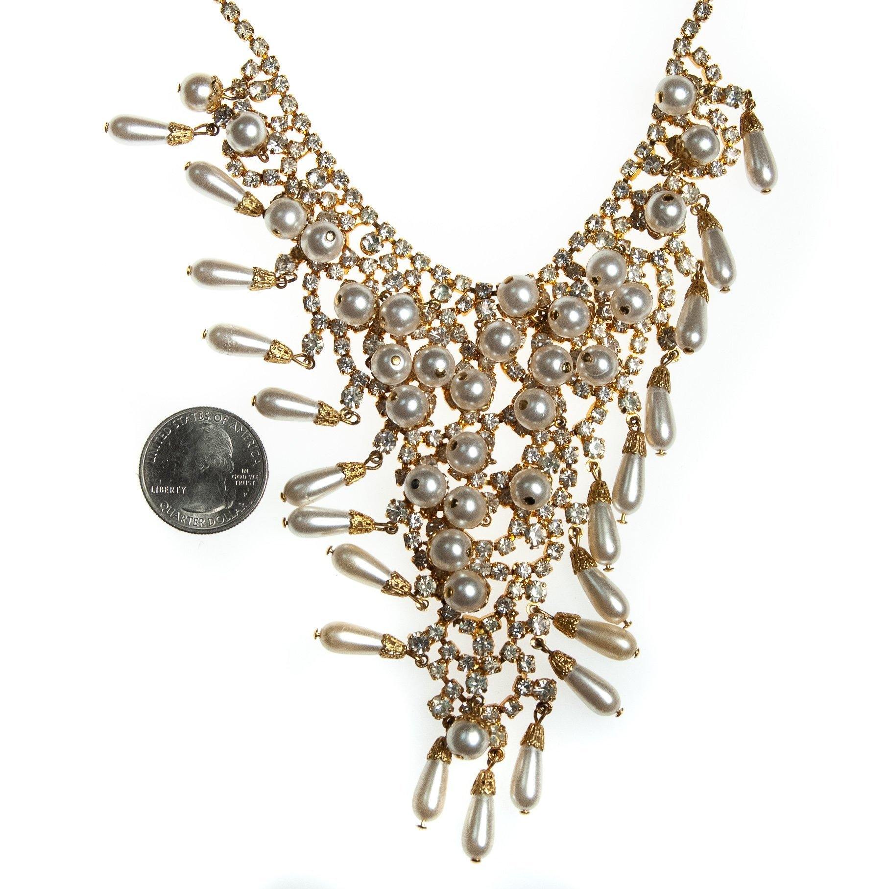 Vintage Bib Necklace, Faux Pearls, Diamante Crystals, Gold Tone, Fish Hook Clasp by Juliana - Vintage Meet Modern Vintage Jewelry - Chicago, Illinois - #oldhollywoodglamour #vintagemeetmodern #designervintage #jewelrybox #antiquejewelry #vintagejewelry