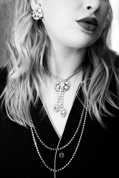 Vintage Art Deco Diamante Crystal Necklace, Dangle, Silver Tone Setting, Fish Hook Clasp by Art Deco - Vintage Meet Modern Vintage Jewelry - Chicago, Illinois - #oldhollywoodglamour #vintagemeetmodern #designervintage #jewelrybox #antiquejewelry #vintagejewelry