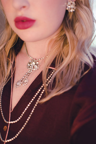 Vintage Art Deco Diamante Crystal Necklace, Dangle, Silver Tone Setting, Fish Hook Clasp by Art Deco - Vintage Meet Modern Vintage Jewelry - Chicago, Illinois - #oldhollywoodglamour #vintagemeetmodern #designervintage #jewelrybox #antiquejewelry #vintagejewelry