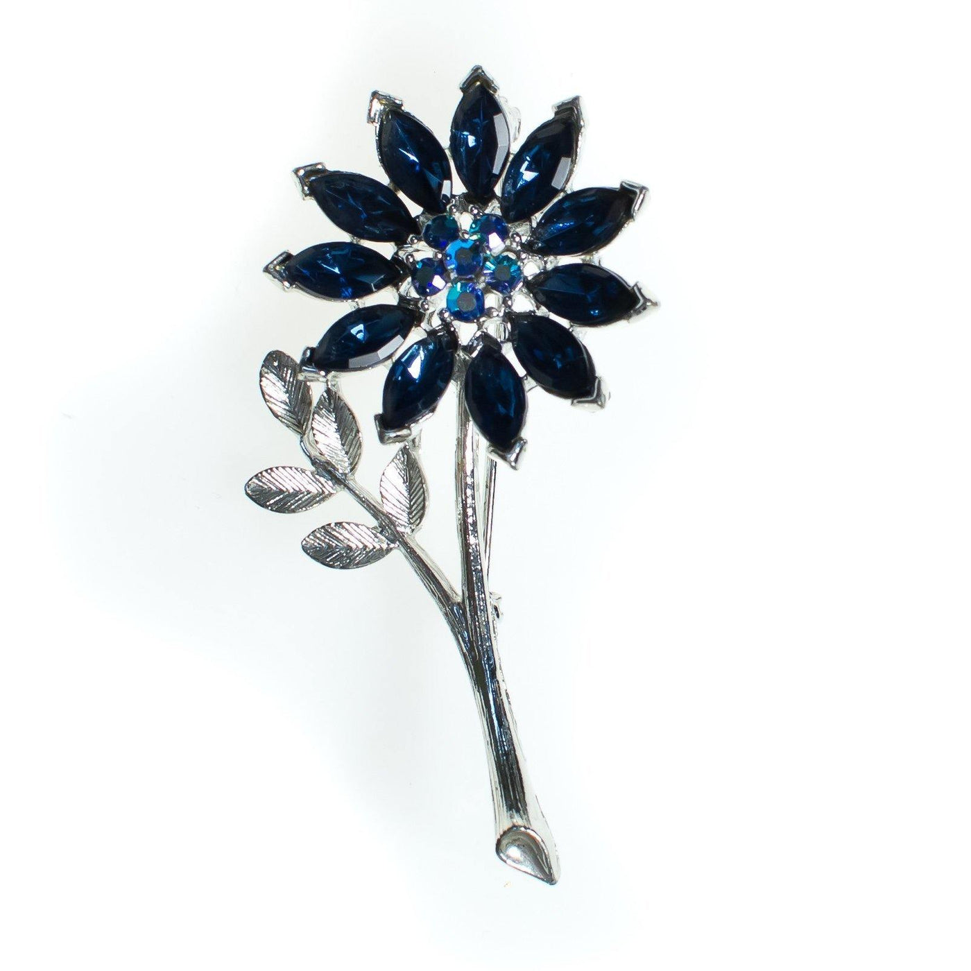 Vintage 1950s Lisner Brooch, Flower Brooch, Blue Rhinestones, Silver Tone Brooch, Brooches and pins