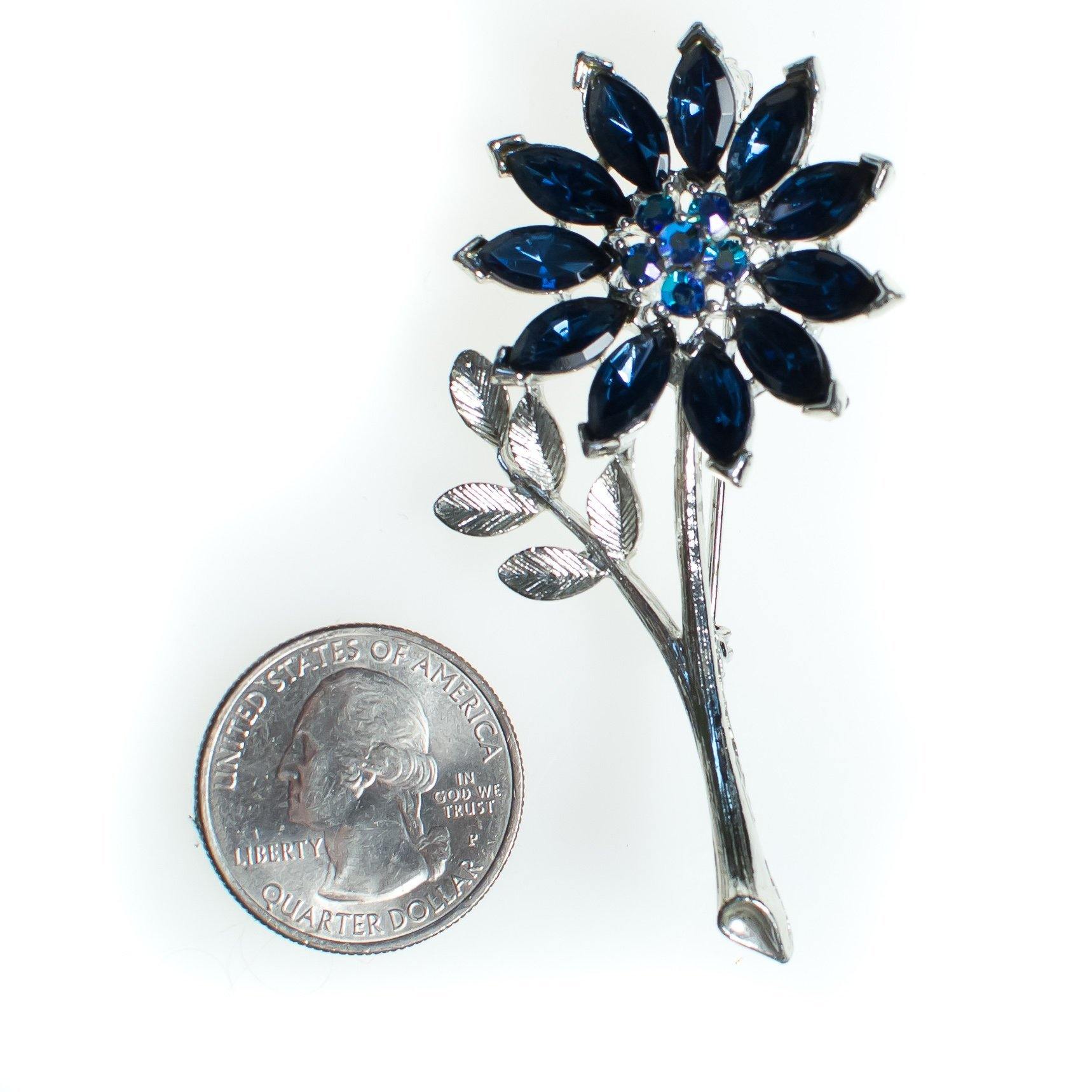 Vintage 1950s Lisner Brooch, Flower Brooch, Blue Rhinestones, Silver Tone Brooch, Brooches and pins by Lisner - Vintage Meet Modern Vintage Jewelry - Chicago, Illinois - #oldhollywoodglamour #vintagemeetmodern #designervintage #jewelrybox #antiquejewelry #vintagejewelry
