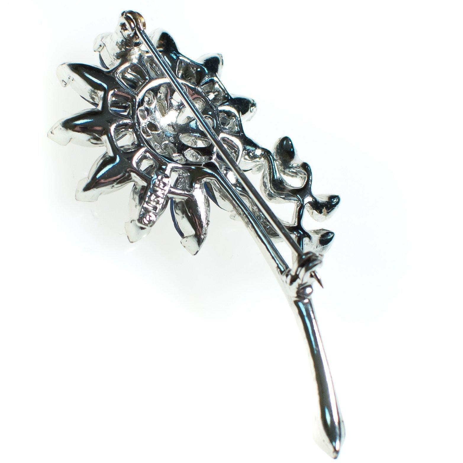 Vintage 1950s Lisner Brooch, Flower Brooch, Blue Rhinestones, Silver Tone Brooch, Brooches and pins by Lisner - Vintage Meet Modern Vintage Jewelry - Chicago, Illinois - #oldhollywoodglamour #vintagemeetmodern #designervintage #jewelrybox #antiquejewelry #vintagejewelry