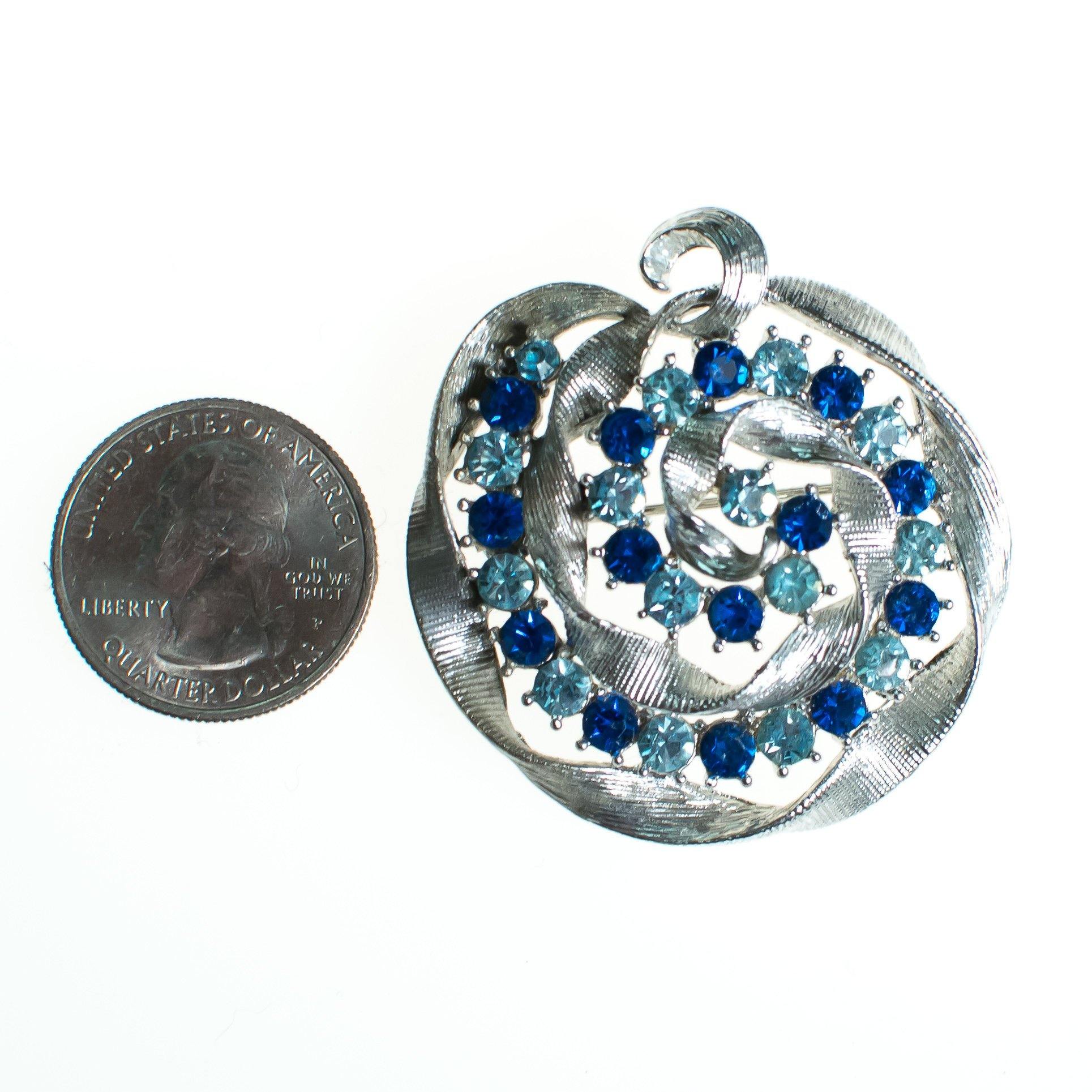 Vintage Brooch, Light Blue and Blue Rhinestones, Silver Tone Ribbon Setting, Brooches and Pins by 1950s - Vintage Meet Modern Vintage Jewelry - Chicago, Illinois - #oldhollywoodglamour #vintagemeetmodern #designervintage #jewelrybox #antiquejewelry #vintagejewelry