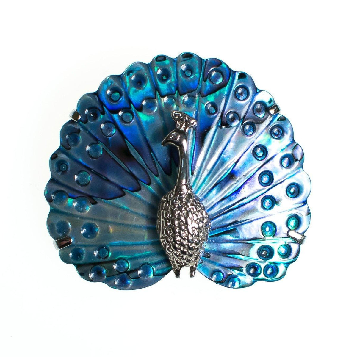 Vintage Blue Abalone Shell Silver Tone Peacock Brooch