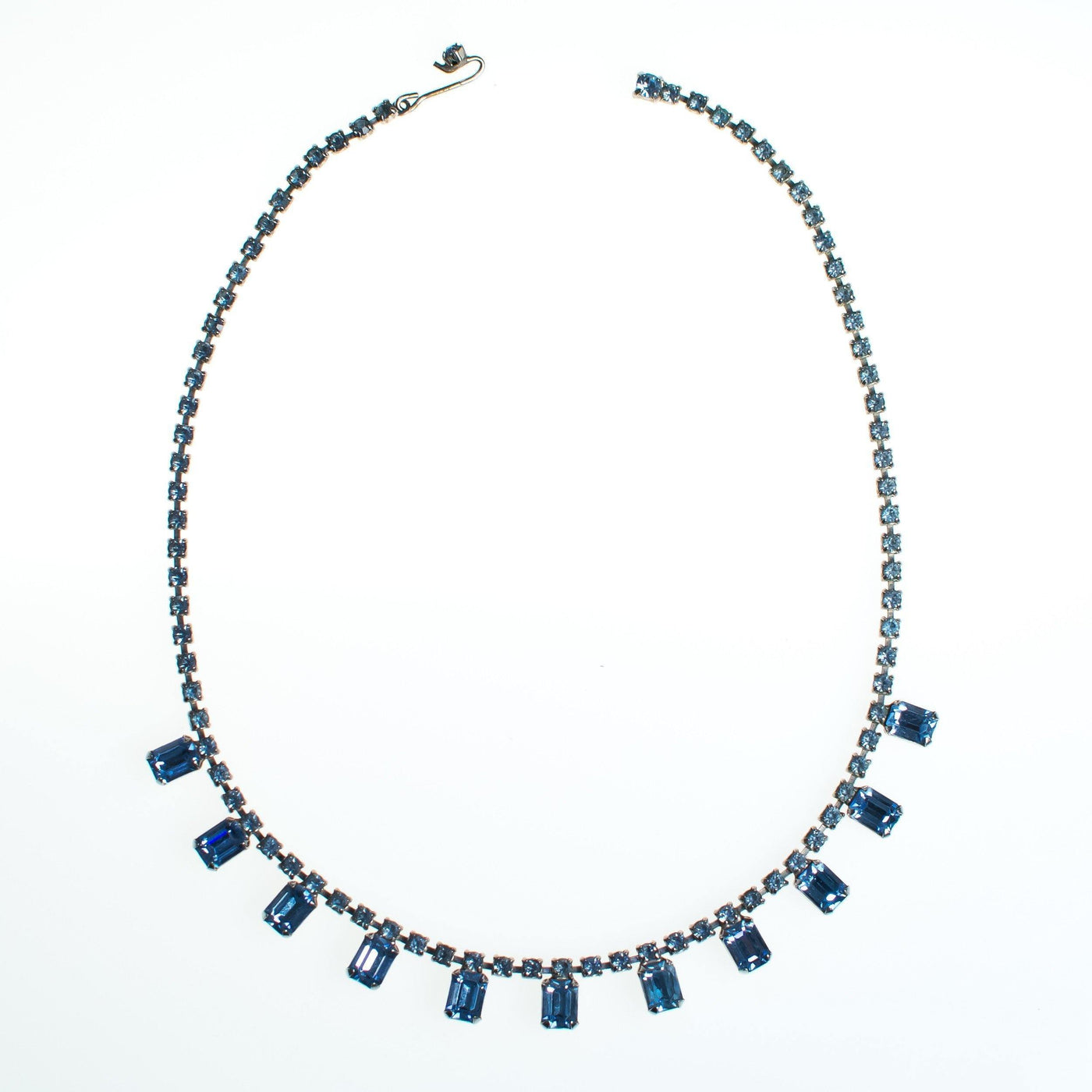 Vintage Cinderella Blue Baguette Rhinestone Necklace, Silver Tone, Fish Hook Clasp