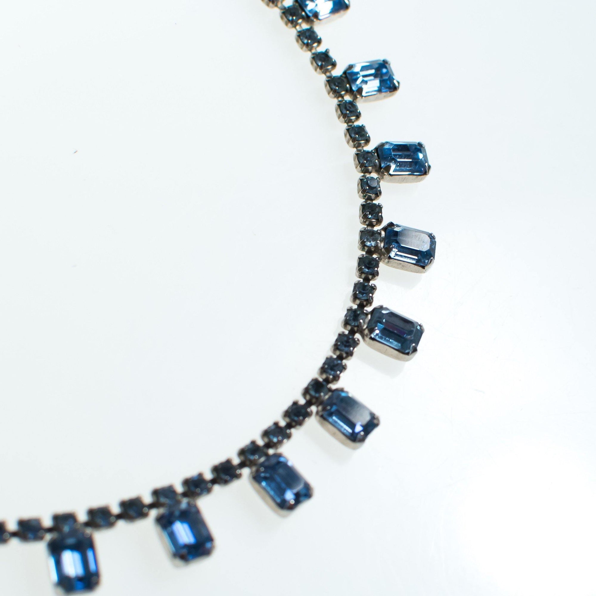 Vintage Cinderella Blue Baguette Rhinestone Necklace, Silver Tone, Fish Hook Clasp by 1950s - Vintage Meet Modern Vintage Jewelry - Chicago, Illinois - #oldhollywoodglamour #vintagemeetmodern #designervintage #jewelrybox #antiquejewelry #vintagejewelry