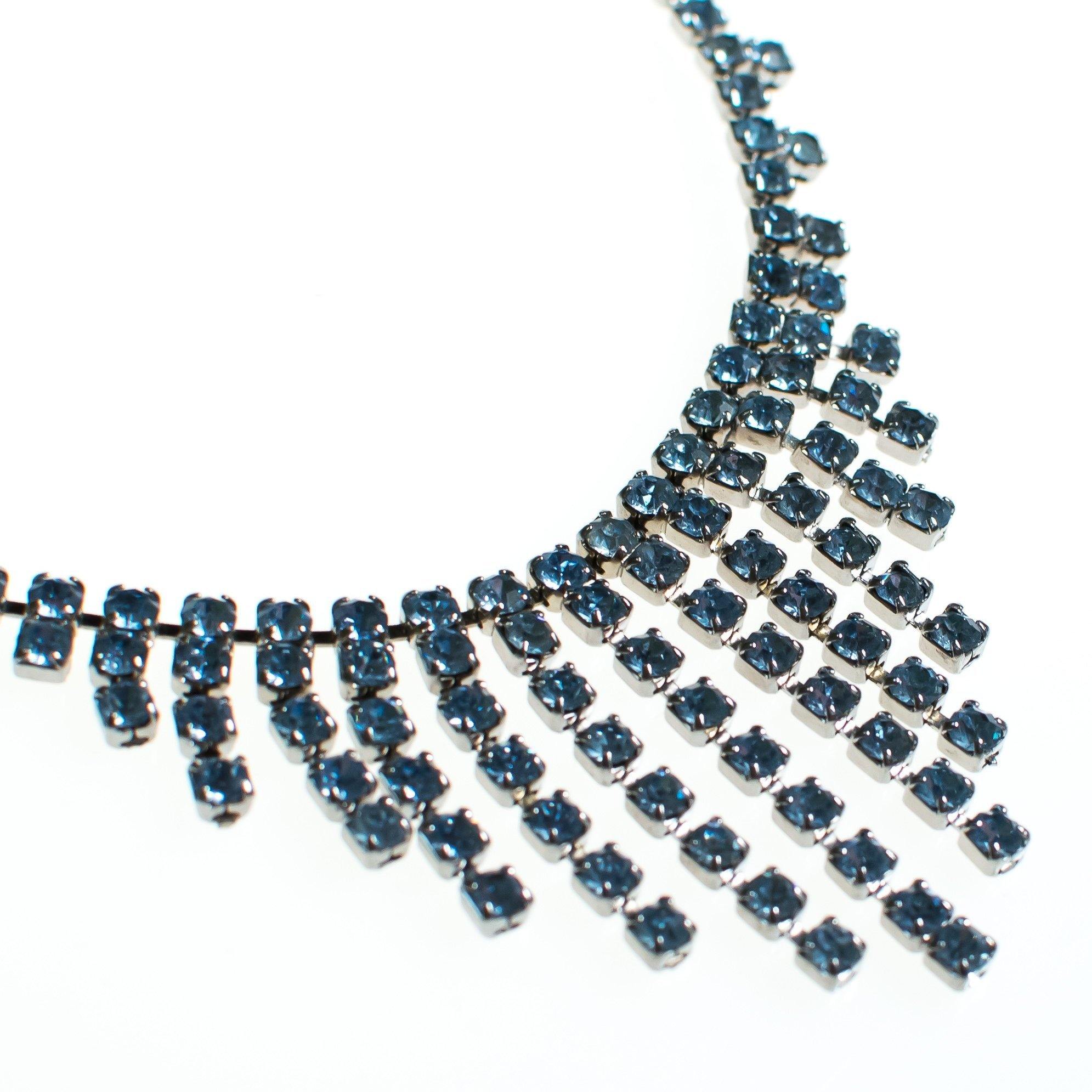 Vintage Cinderella Light Blue Rhinestone Fringed Bib Necklace, Silver Tone, Fish Hook Necklace, Dangle by 1950s - Vintage Meet Modern Vintage Jewelry - Chicago, Illinois - #oldhollywoodglamour #vintagemeetmodern #designervintage #jewelrybox #antiquejewelry #vintagejewelry