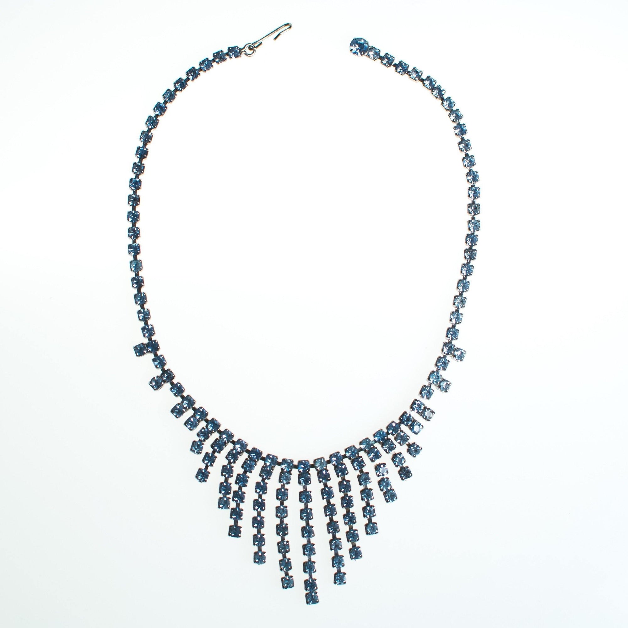 Vintage Cinderella Light Blue Rhinestone Fringed Bib Necklace, Silver Tone, Fish Hook Necklace, Dangle by 1950s - Vintage Meet Modern Vintage Jewelry - Chicago, Illinois - #oldhollywoodglamour #vintagemeetmodern #designervintage #jewelrybox #antiquejewelry #vintagejewelry
