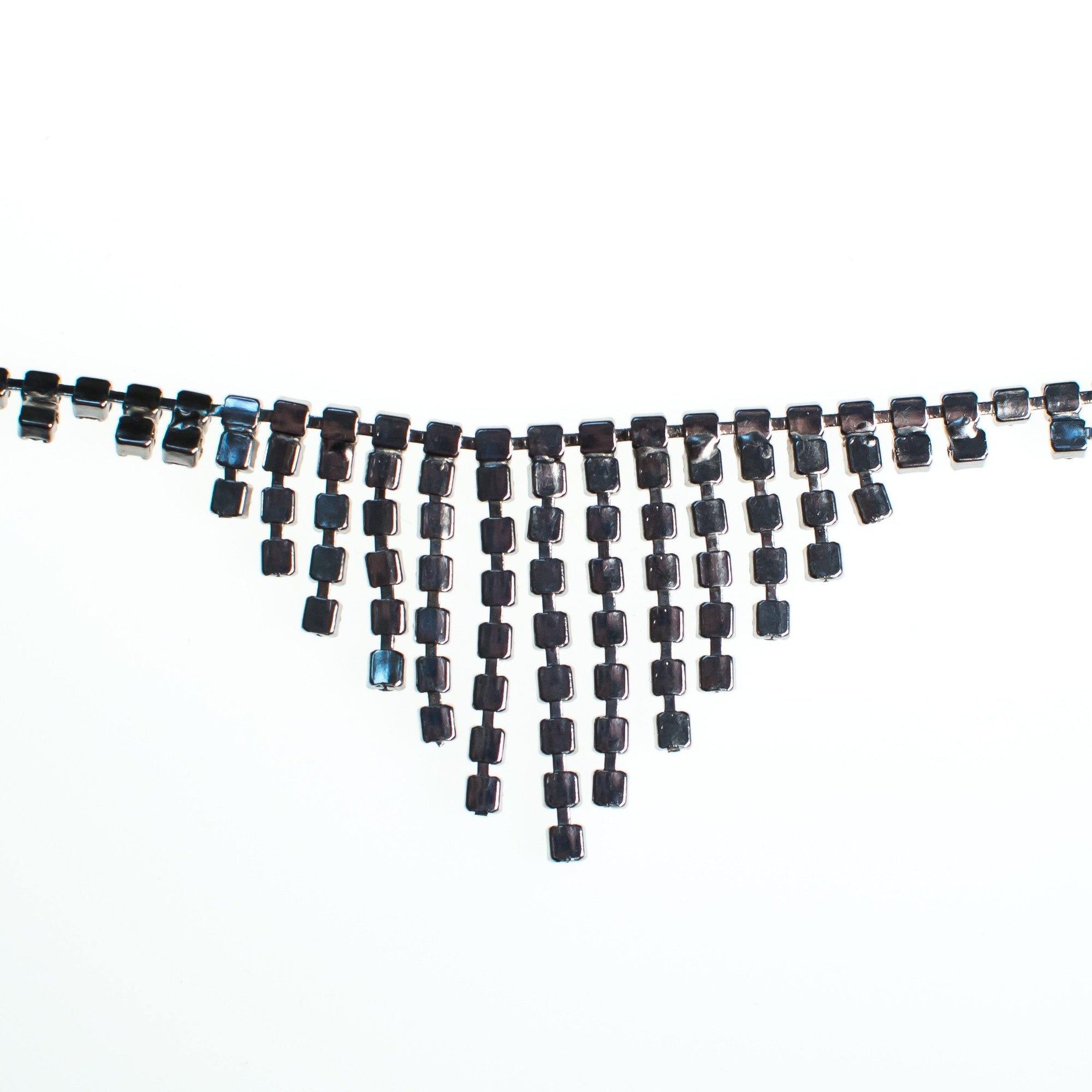 Vintage Cinderella Light Blue Rhinestone Fringed Bib Necklace, Silver Tone, Fish Hook Necklace, Dangle by 1950s - Vintage Meet Modern Vintage Jewelry - Chicago, Illinois - #oldhollywoodglamour #vintagemeetmodern #designervintage #jewelrybox #antiquejewelry #vintagejewelry