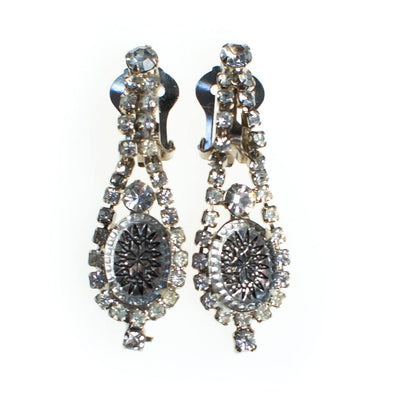 Vintage Etched Crystal Earrings, Diamante Crystals, Dangle Earrings, Silver Tone Setting, Clip-on by Juliana - Vintage Meet Modern Vintage Jewelry - Chicago, Illinois - #oldhollywoodglamour #vintagemeetmodern #designervintage #jewelrybox #antiquejewelry #vintagejewelry