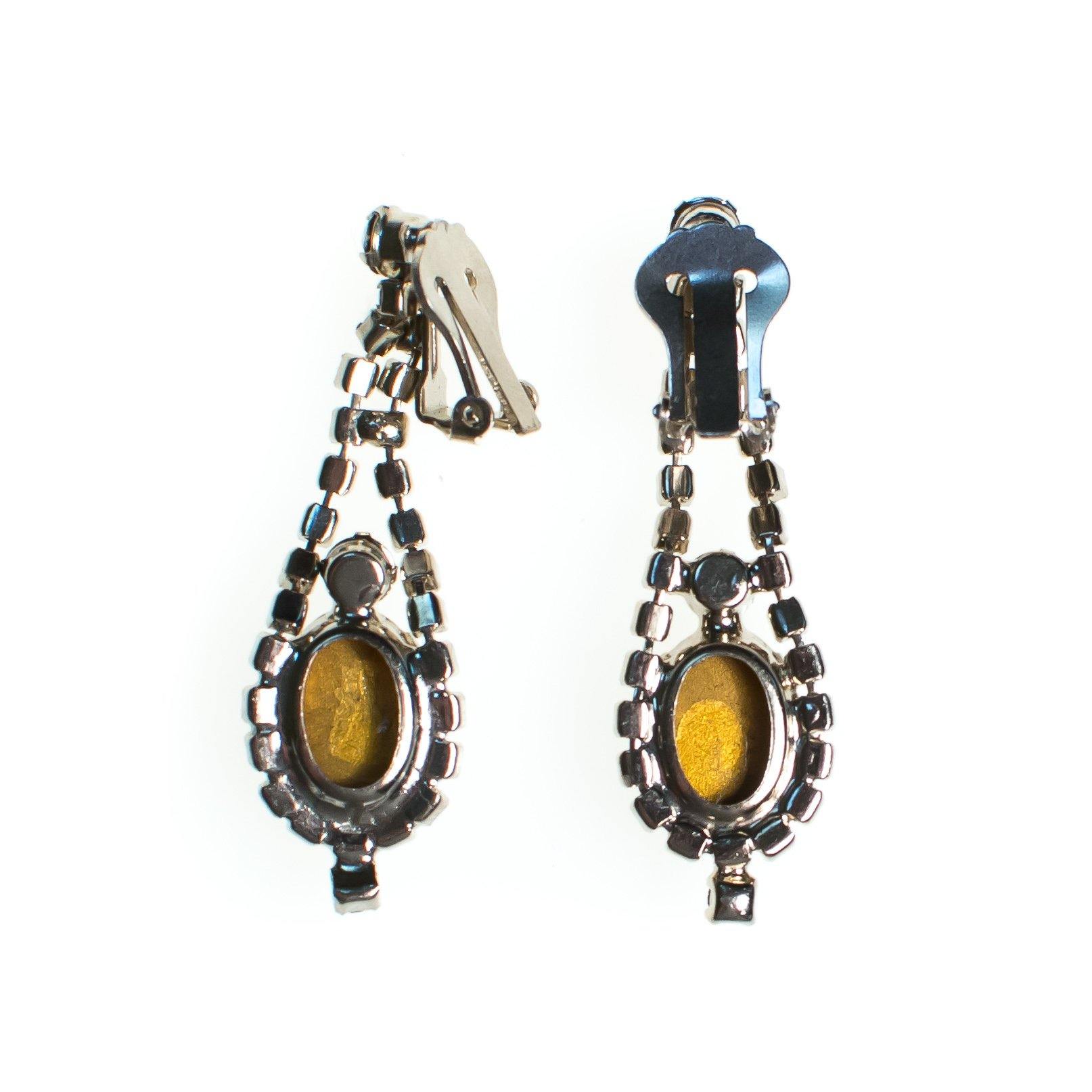 Vintage Etched Crystal Earrings, Diamante Crystals, Dangle Earrings, Silver Tone Setting, Clip-on by Juliana - Vintage Meet Modern Vintage Jewelry - Chicago, Illinois - #oldhollywoodglamour #vintagemeetmodern #designervintage #jewelrybox #antiquejewelry #vintagejewelry