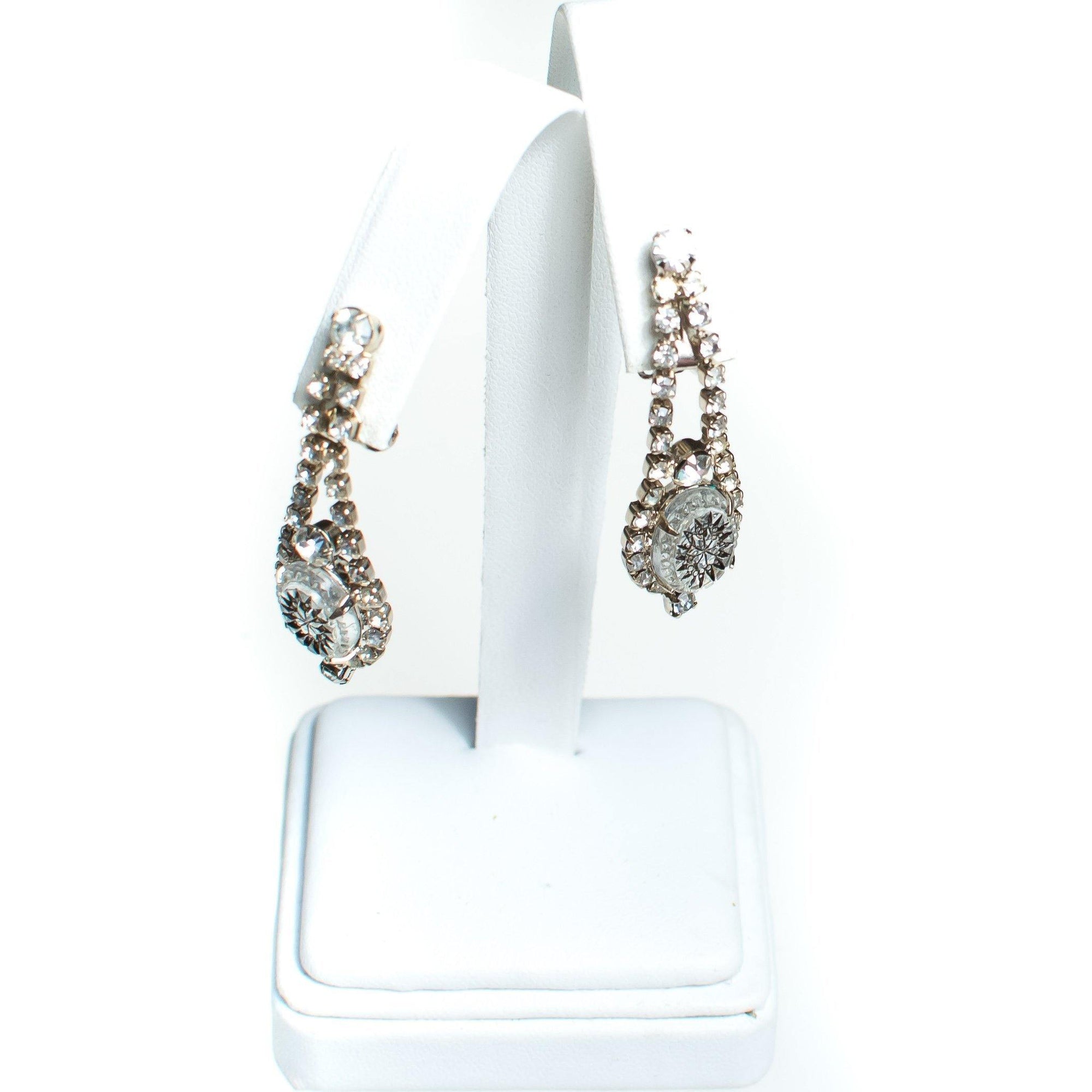 Vintage Etched Crystal Earrings, Diamante Crystals, Dangle Earrings, Silver Tone Setting, Clip-on by Juliana - Vintage Meet Modern Vintage Jewelry - Chicago, Illinois - #oldhollywoodglamour #vintagemeetmodern #designervintage #jewelrybox #antiquejewelry #vintagejewelry