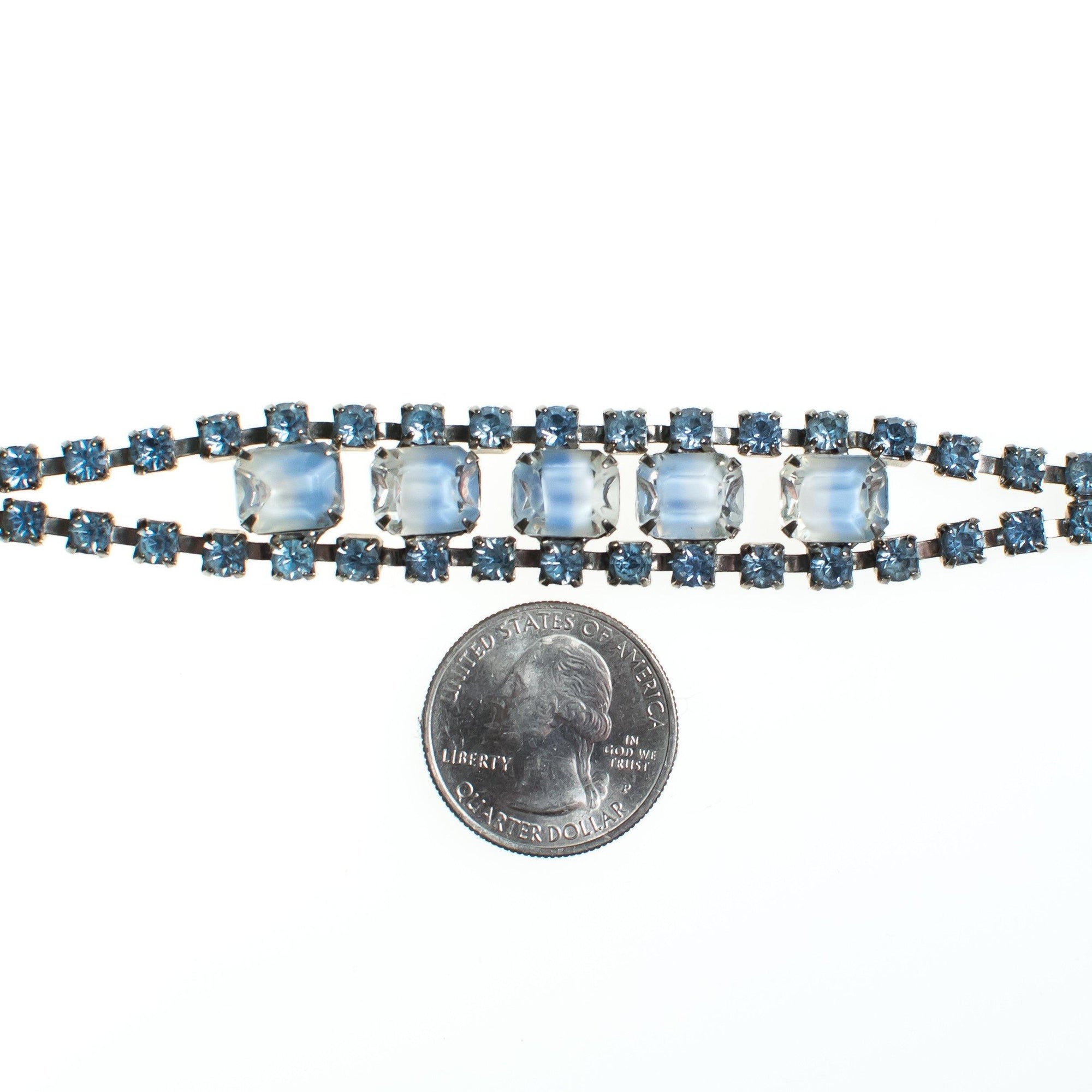 Vintage Cinderella Blue Givere Rhinestone Bracelet, Silver Tone, Snap Lock Clasp by 1950s - Vintage Meet Modern Vintage Jewelry - Chicago, Illinois - #oldhollywoodglamour #vintagemeetmodern #designervintage #jewelrybox #antiquejewelry #vintagejewelry