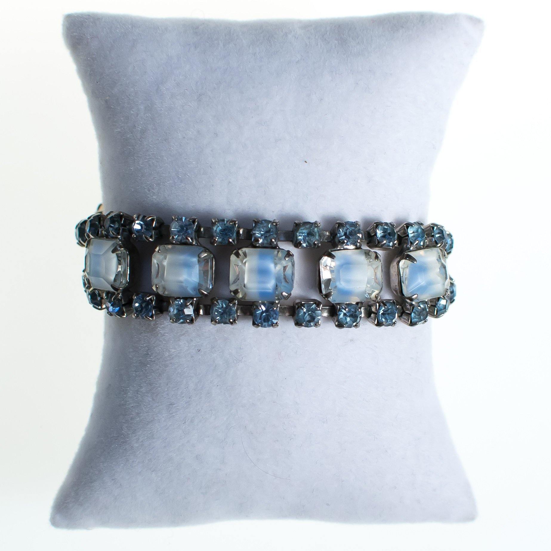 Vintage Cinderella Blue Givere Rhinestone Bracelet, Silver Tone, Snap Lock Clasp by 1950s - Vintage Meet Modern Vintage Jewelry - Chicago, Illinois - #oldhollywoodglamour #vintagemeetmodern #designervintage #jewelrybox #antiquejewelry #vintagejewelry