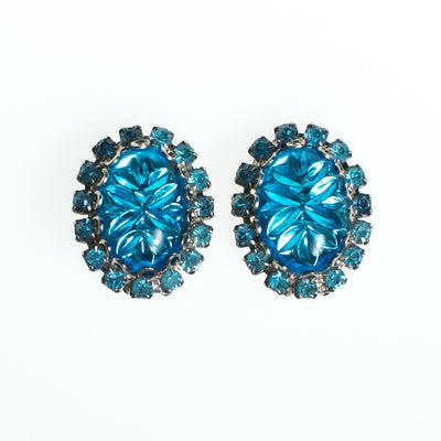 Vintage Judy Lee Earrings, Blue Star Carved Crystal Cabochon, Blue Rhinestones, Silver Tone Setting, Clip-on by Judy Lee - Vintage Meet Modern Vintage Jewelry - Chicago, Illinois - #oldhollywoodglamour #vintagemeetmodern #designervintage #jewelrybox #antiquejewelry #vintagejewelry