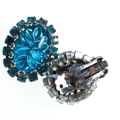 Vintage Judy Lee Earrings, Blue Star Carved Crystal Cabochon, Blue Rhinestones, Silver Tone Setting, Clip-on by Judy Lee - Vintage Meet Modern Vintage Jewelry - Chicago, Illinois - #oldhollywoodglamour #vintagemeetmodern #designervintage #jewelrybox #antiquejewelry #vintagejewelry