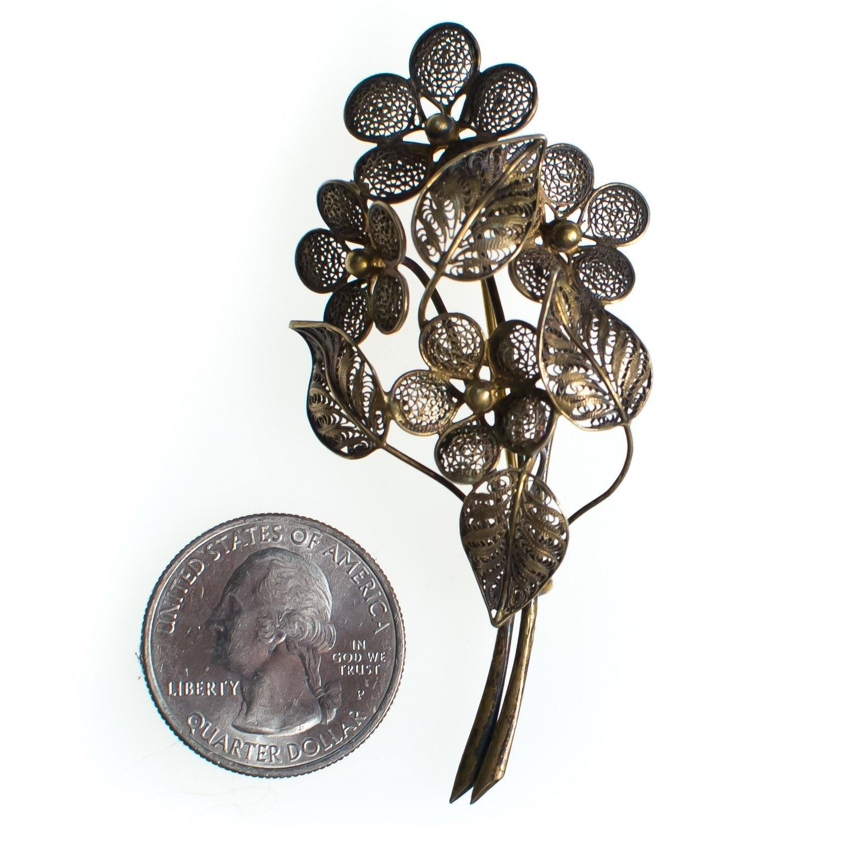Vintage Sterling Silver Filigree Flower Brooch, Gold Tone Setting, Brooches and Pins by Sterling Silver - Vintage Meet Modern Vintage Jewelry - Chicago, Illinois - #oldhollywoodglamour #vintagemeetmodern #designervintage #jewelrybox #antiquejewelry #vintagejewelry
