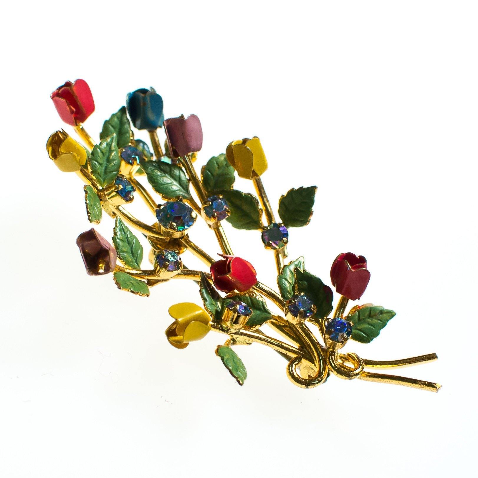 Vintage Made in Austria Red, Pink, Yellow, and Blue Flower Brooch, Aurora Borealis Rhinestones, Gold Tone Setting, Brooches and Pins by Austria - Vintage Meet Modern Vintage Jewelry - Chicago, Illinois - #oldhollywoodglamour #vintagemeetmodern #designervintage #jewelrybox #antiquejewelry #vintagejewelry