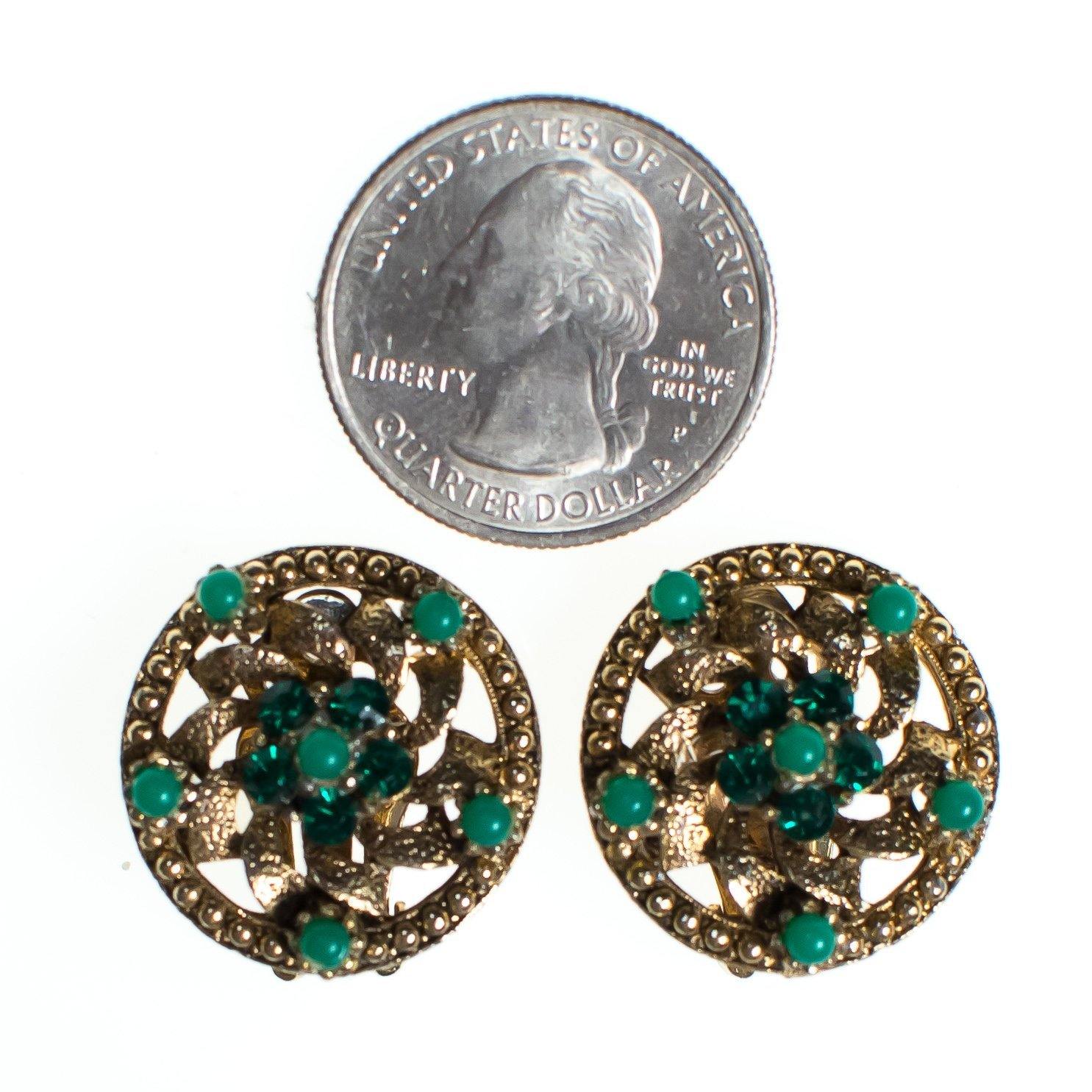 Vintage Round Flower Earrings With Jade Green Beads, Green Lucite Beads, Gold Tone Setting, Clip-on by 1950s - Vintage Meet Modern Vintage Jewelry - Chicago, Illinois - #oldhollywoodglamour #vintagemeetmodern #designervintage #jewelrybox #antiquejewelry #vintagejewelry