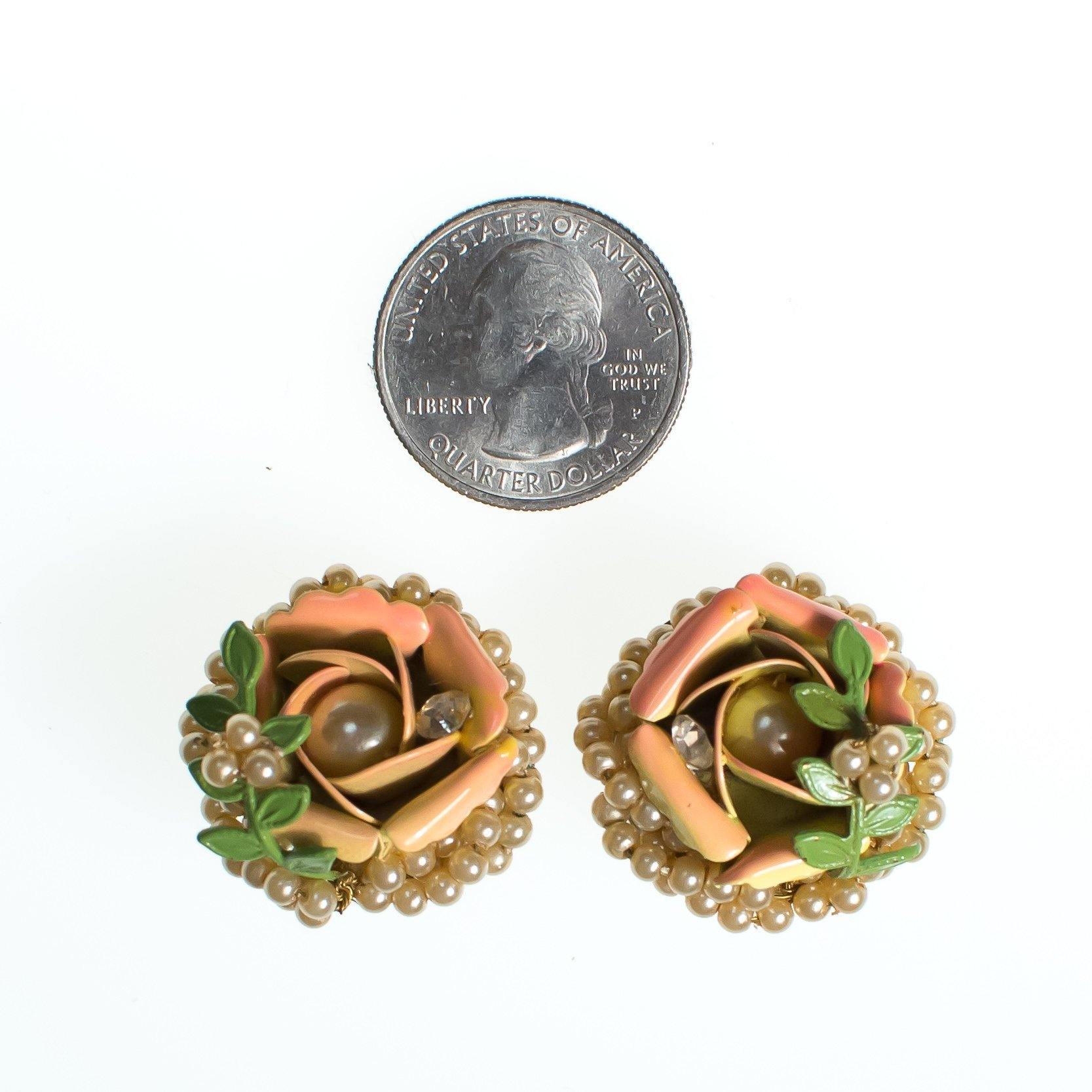 Vintage Orange Enamel Rose Earrings with Rhinestones and Pearls  Diamante Crystal, Gold Tone Setting, Clip-on by 1950s - Vintage Meet Modern Vintage Jewelry - Chicago, Illinois - #oldhollywoodglamour #vintagemeetmodern #designervintage #jewelrybox #antiquejewelry #vintagejewelry