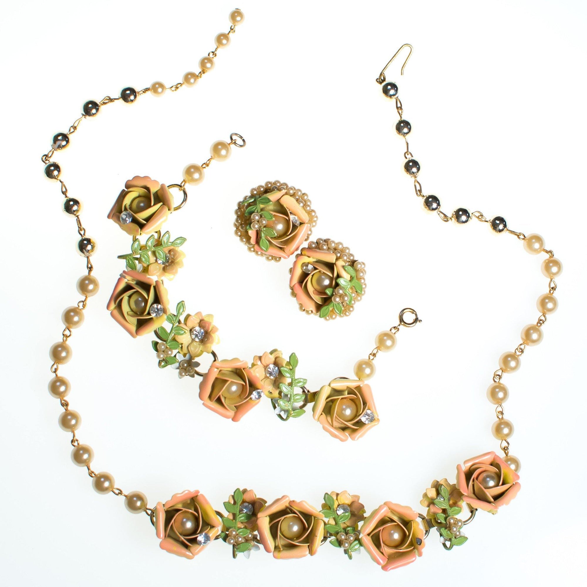 Vintage Orange Enamel Rose Earrings with Rhinestones and Pearls  Diamante Crystal, Gold Tone Setting, Clip-on by 1950s - Vintage Meet Modern Vintage Jewelry - Chicago, Illinois - #oldhollywoodglamour #vintagemeetmodern #designervintage #jewelrybox #antiquejewelry #vintagejewelry