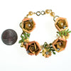 Vintage Peach Enamel Flower Bracelet, Orange Flowers, Green Leaves, Faux Pearls, Gold Tone Beads, Gold Tone Chain, CZ, Spring Ring Clasp by 1950s - Vintage Meet Modern Vintage Jewelry - Chicago, Illinois - #oldhollywoodglamour #vintagemeetmodern #designervintage #jewelrybox #antiquejewelry #vintagejewelry