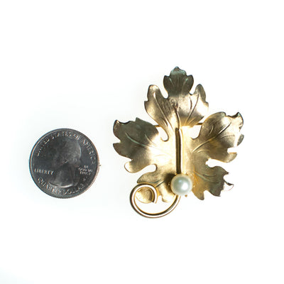 Vintage 1950s Mid Century Modern Lisner Gold Tone Leaf Brooch, Faux Pearl, Brooches and Pins by Lisner - Vintage Meet Modern Vintage Jewelry - Chicago, Illinois - #oldhollywoodglamour #vintagemeetmodern #designervintage #jewelrybox #antiquejewelry #vintagejewelry
