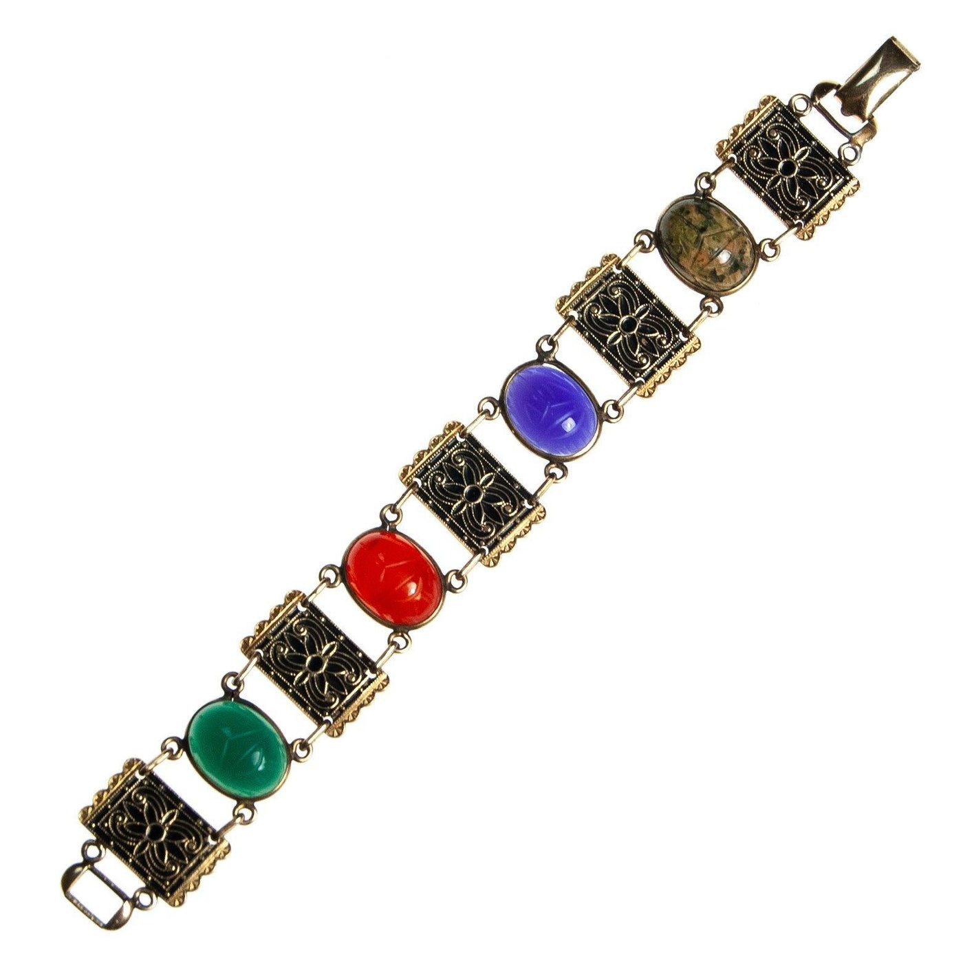 Vintage Scarab and Damascene Bracelet, Green, Red, Blue, and Green Gemstones, Gold Tone Setting, Snap Lock Clasp