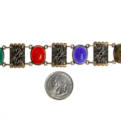 Vintage Scarab and Damascene Bracelet, Green, Red, Blue, and Green Gemstones, Gold Tone Setting, Snap Lock Clasp by Damascene - Vintage Meet Modern Vintage Jewelry - Chicago, Illinois - #oldhollywoodglamour #vintagemeetmodern #designervintage #jewelrybox #antiquejewelry #vintagejewelry