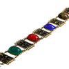 Vintage Scarab and Damascene Bracelet, Green, Red, Blue, and Green Gemstones, Gold Tone Setting, Snap Lock Clasp by Damascene - Vintage Meet Modern Vintage Jewelry - Chicago, Illinois - #oldhollywoodglamour #vintagemeetmodern #designervintage #jewelrybox #antiquejewelry #vintagejewelry