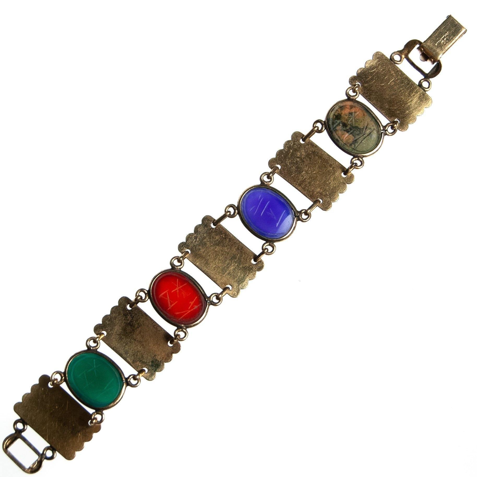 Vintage Scarab and Damascene Bracelet, Green, Red, Blue, and Green Gemstones, Gold Tone Setting, Snap Lock Clasp by Damascene - Vintage Meet Modern Vintage Jewelry - Chicago, Illinois - #oldhollywoodglamour #vintagemeetmodern #designervintage #jewelrybox #antiquejewelry #vintagejewelry