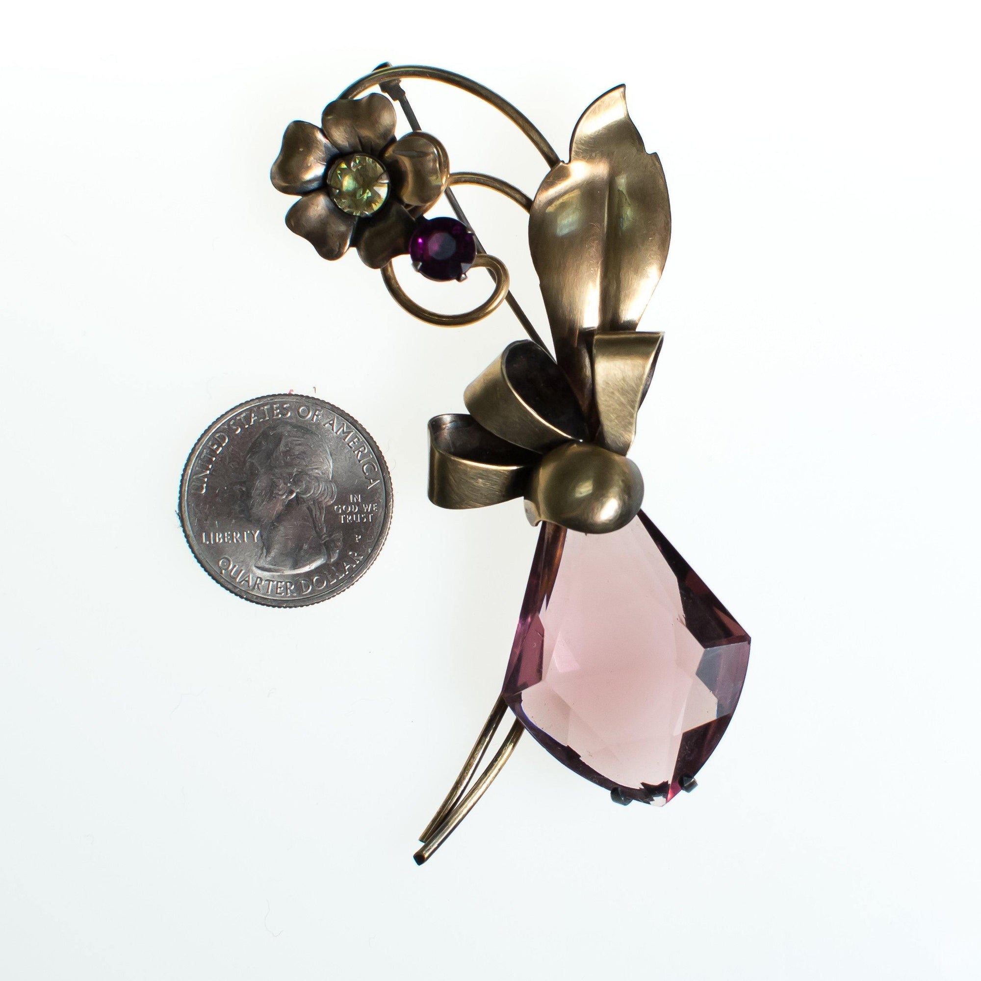 Vintage 1940s Spray Style Large Amethyst Crystal Gold Filled over Sterling Silver Flower Brooch, Purple Rhinestones by 1940s - Vintage Meet Modern Vintage Jewelry - Chicago, Illinois - #oldhollywoodglamour #vintagemeetmodern #designervintage #jewelrybox #antiquejewelry #vintagejewelry