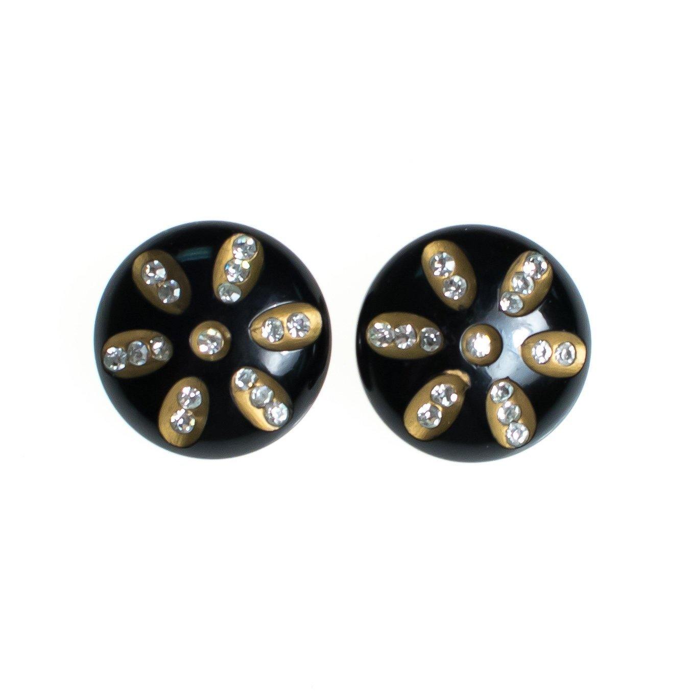 Vintage Lucite Earrings, Black and Gold Lucite, Diamante Crystals, Clip-on by 1950s - Vintage Meet Modern Vintage Jewelry - Chicago, Illinois - #oldhollywoodglamour #vintagemeetmodern #designervintage #jewelrybox #antiquejewelry #vintagejewelry