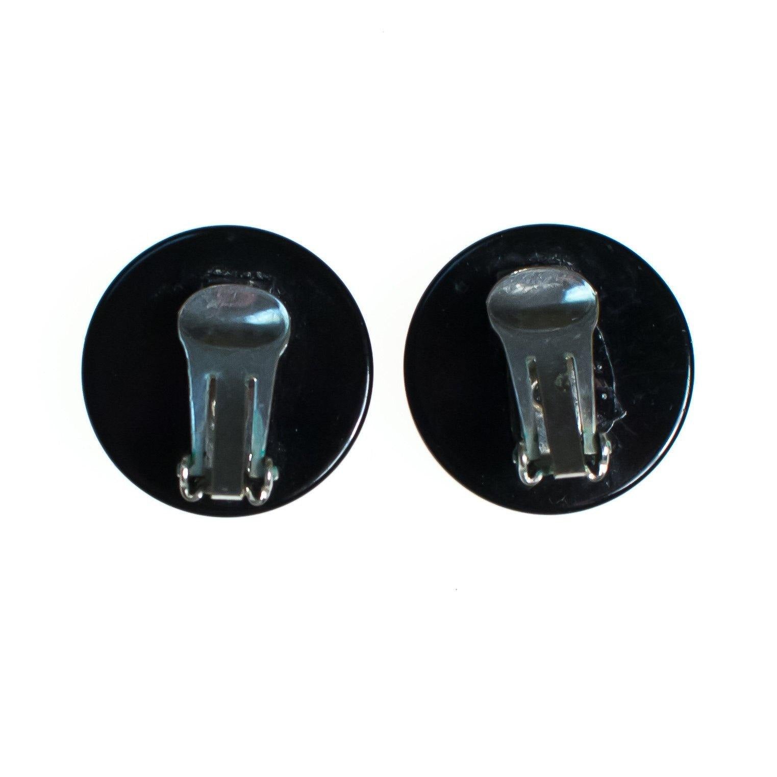 Vintage Lucite Earrings, Black and Gold Lucite, Diamante Crystals, Clip-on by 1950s - Vintage Meet Modern Vintage Jewelry - Chicago, Illinois - #oldhollywoodglamour #vintagemeetmodern #designervintage #jewelrybox #antiquejewelry #vintagejewelry