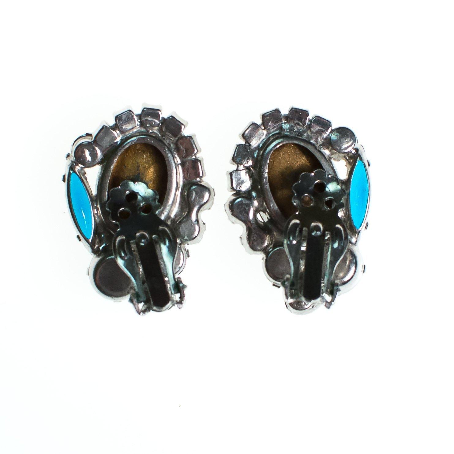 Vintage Juliana Peacock Blue Statement Earrings, Blue Rhinestones, Purple Rhinestone, Green Rhinestone, Silver Tone Setting, Clip-on by Juliana - Vintage Meet Modern Vintage Jewelry - Chicago, Illinois - #oldhollywoodglamour #vintagemeetmodern #designervintage #jewelrybox #antiquejewelry #vintagejewelry