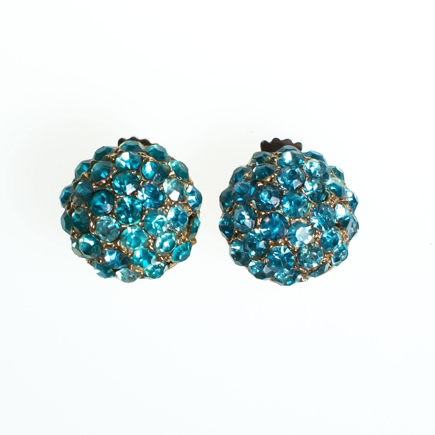 Vintage Light Blue Rhinestone Round Earrings by 1950s - Vintage Meet Modern Vintage Jewelry - Chicago, Illinois - #oldhollywoodglamour #vintagemeetmodern #designervintage #jewelrybox #antiquejewelry #vintagejewelry