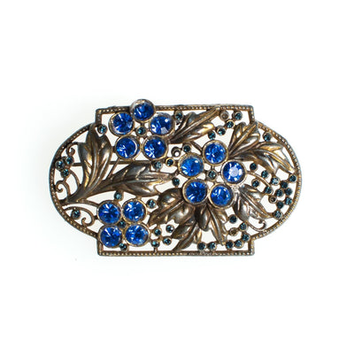 Vintage Czech Floral Brooch with Blue Rhinestones, Gold Tone Setting, Brooches and Pins by Czech - Vintage Meet Modern Vintage Jewelry - Chicago, Illinois - #oldhollywoodglamour #vintagemeetmodern #designervintage #jewelrybox #antiquejewelry #vintagejewelry