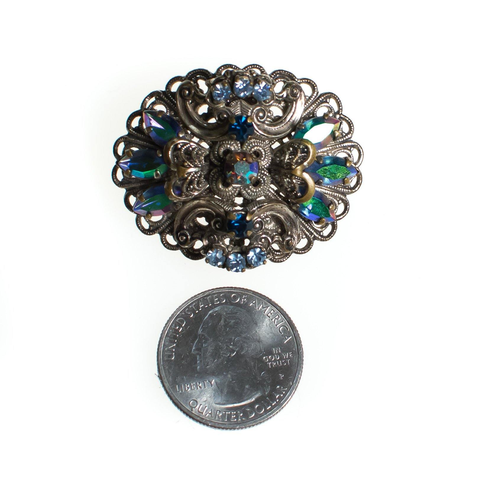 Vintage West Germany Silver Filigree Brooch with Aurora Borealis Rhinestones, Iridescent Rhinestones, Silver Tone Brooch, Brooches and Pins by West Germany - Vintage Meet Modern Vintage Jewelry - Chicago, Illinois - #oldhollywoodglamour #vintagemeetmodern #designervintage #jewelrybox #antiquejewelry #vintagejewelry