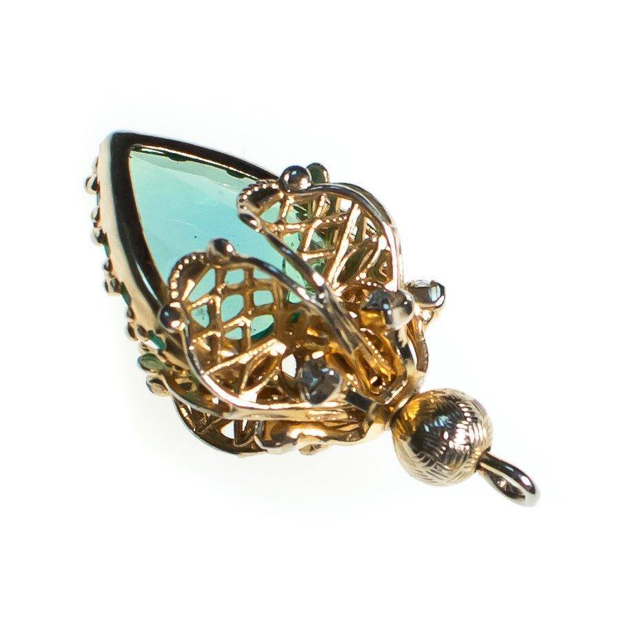 Vintage Light Aqua Crystal Gold Filigree Capped Pendant, Gold Tone Setting, Rhinestones by 1950s - Vintage Meet Modern Vintage Jewelry - Chicago, Illinois - #oldhollywoodglamour #vintagemeetmodern #designervintage #jewelrybox #antiquejewelry #vintagejewelry