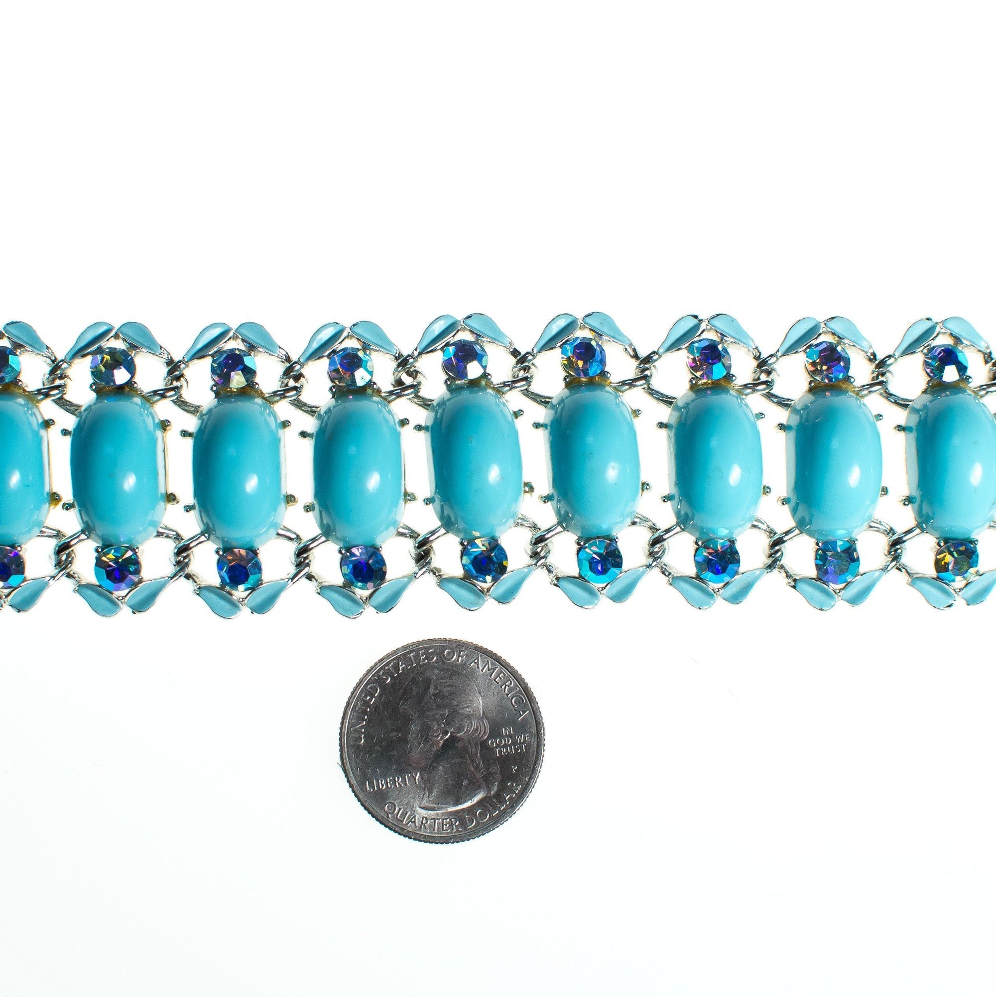 Vintage Turquoise Blue Lucite Bracelet, Blue Iridescent Rhinestones, Silver Tone, Snap Lock Clasp by 1950s - Vintage Meet Modern Vintage Jewelry - Chicago, Illinois - #oldhollywoodglamour #vintagemeetmodern #designervintage #jewelrybox #antiquejewelry #vintagejewelry