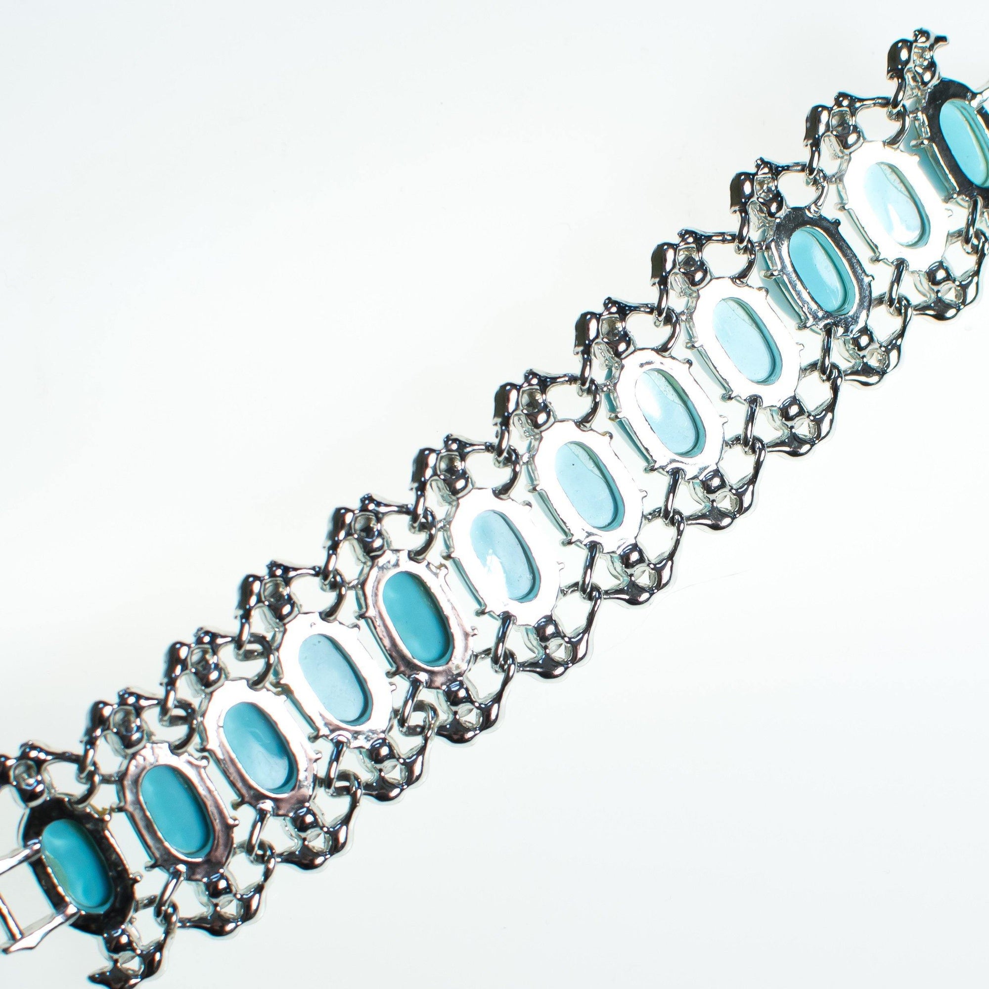 Vintage Turquoise Blue Lucite Bracelet, Blue Iridescent Rhinestones, Silver Tone, Snap Lock Clasp by 1950s - Vintage Meet Modern Vintage Jewelry - Chicago, Illinois - #oldhollywoodglamour #vintagemeetmodern #designervintage #jewelrybox #antiquejewelry #vintagejewelry