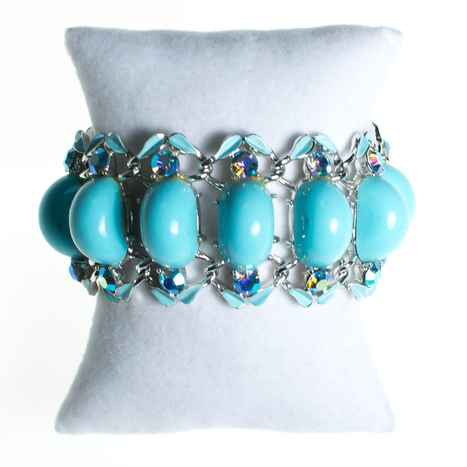 Vintage Turquoise Blue Lucite Bracelet, Blue Iridescent Rhinestones, Silver Tone, Snap Lock Clasp by 1950s - Vintage Meet Modern Vintage Jewelry - Chicago, Illinois - #oldhollywoodglamour #vintagemeetmodern #designervintage #jewelrybox #antiquejewelry #vintagejewelry