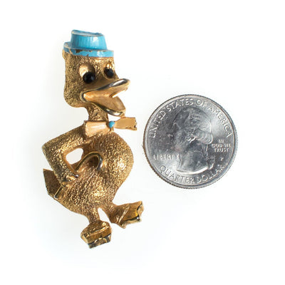 Vintage B.J. Duck Brooch, Gold Tone Setting, Blue Painted Hat, Black Rhinestones, Brooches and Pins by B.J. - Vintage Meet Modern Vintage Jewelry - Chicago, Illinois - #oldhollywoodglamour #vintagemeetmodern #designervintage #jewelrybox #antiquejewelry #vintagejewelry