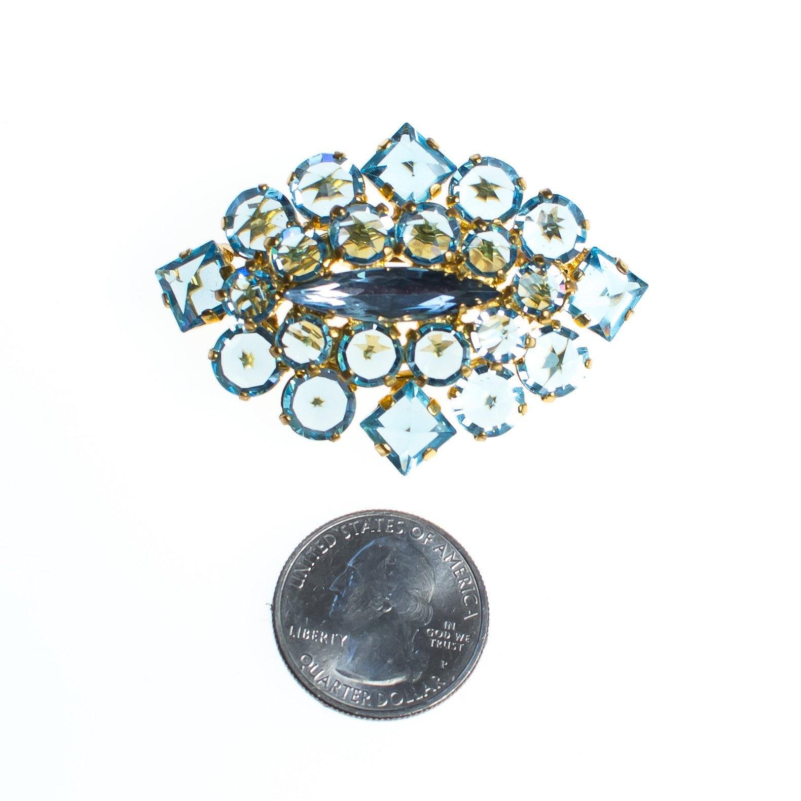 Vintage Austrian Brooch, Light Blue Rhinestones, Gold Tone Setting, Brooches and Pins by Austria - Vintage Meet Modern Vintage Jewelry - Chicago, Illinois - #oldhollywoodglamour #vintagemeetmodern #designervintage #jewelrybox #antiquejewelry #vintagejewelry