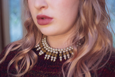 Vintage 1940s Pearl and Gold Filigree Bib Statement Necklace by 1940s - Vintage Meet Modern Vintage Jewelry - Chicago, Illinois - #oldhollywoodglamour #vintagemeetmodern #designervintage #jewelrybox #antiquejewelry #vintagejewelry