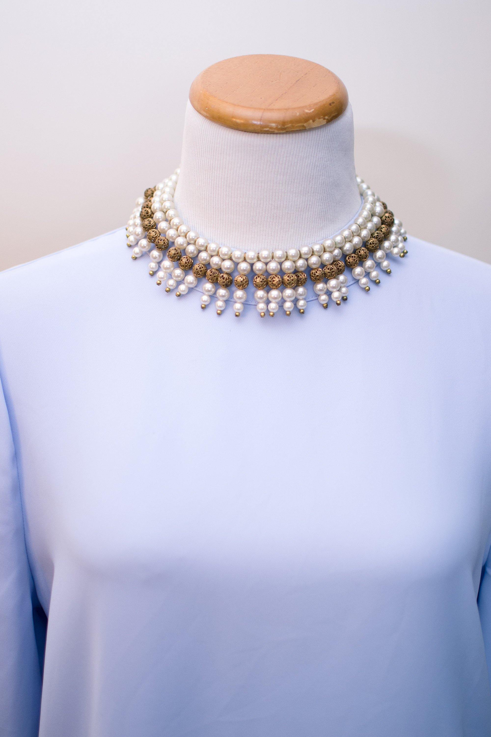 Vintage 1940s Pearl and Gold Filigree Bib Statement Necklace by 1940s - Vintage Meet Modern Vintage Jewelry - Chicago, Illinois - #oldhollywoodglamour #vintagemeetmodern #designervintage #jewelrybox #antiquejewelry #vintagejewelry