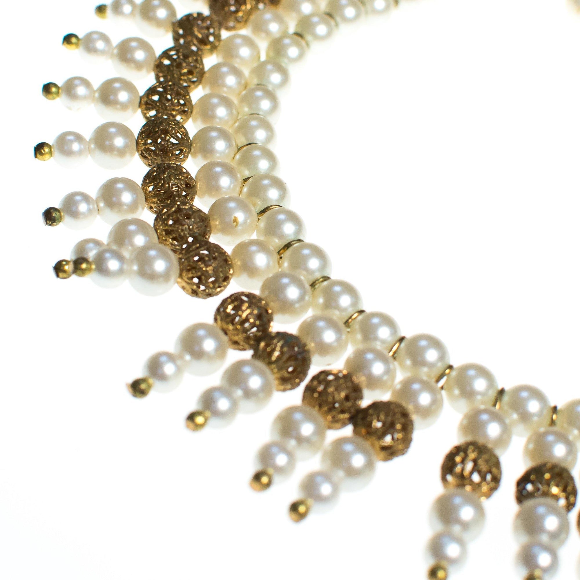Vintage 1940s Pearl and Gold Filigree Bib Statement Necklace by 1940s - Vintage Meet Modern Vintage Jewelry - Chicago, Illinois - #oldhollywoodglamour #vintagemeetmodern #designervintage #jewelrybox #antiquejewelry #vintagejewelry