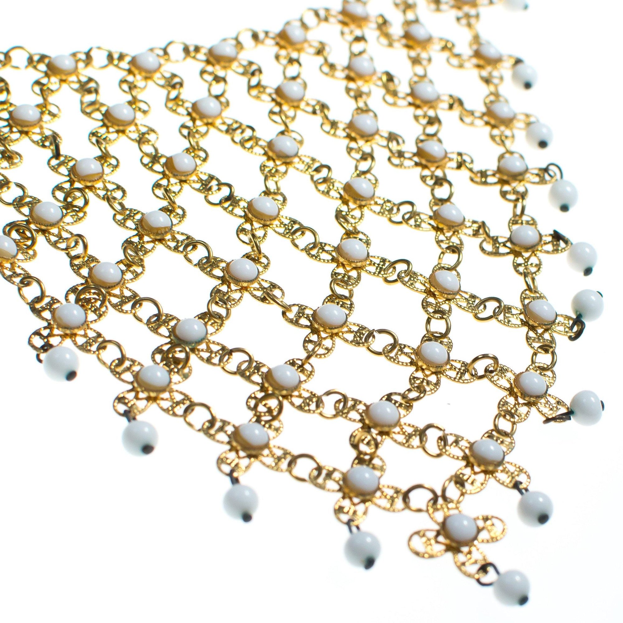 Vintage Huge Gold Filigree and White Milk Glass Bead Bib Statement Necklace by 1960s - Vintage Meet Modern Vintage Jewelry - Chicago, Illinois - #oldhollywoodglamour #vintagemeetmodern #designervintage #jewelrybox #antiquejewelry #vintagejewelry