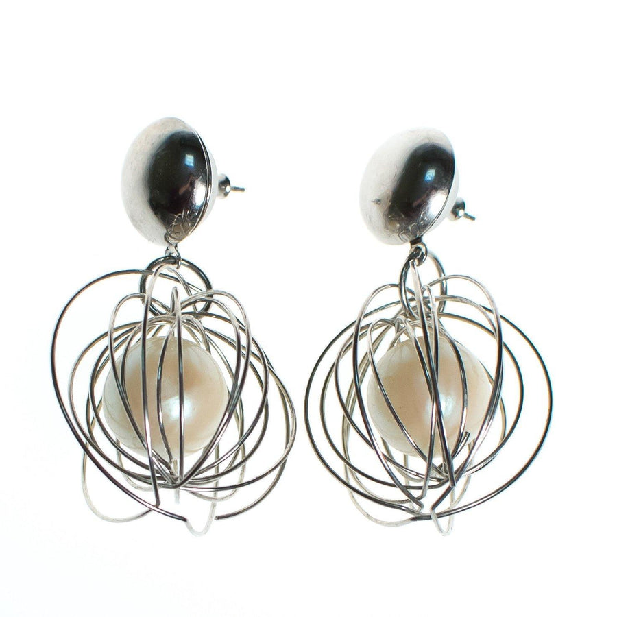 Vintage Mod Silver Caged Pearl Dangling Statement Earrings by 1980s - Vintage Meet Modern Vintage Jewelry - Chicago, Illinois - #oldhollywoodglamour #vintagemeetmodern #designervintage #jewelrybox #antiquejewelry #vintagejewelry