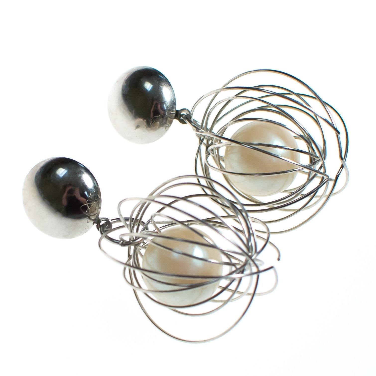 Vintage Mod Silver Caged Pearl Dangling Statement Earrings by 1980s - Vintage Meet Modern Vintage Jewelry - Chicago, Illinois - #oldhollywoodglamour #vintagemeetmodern #designervintage #jewelrybox #antiquejewelry #vintagejewelry